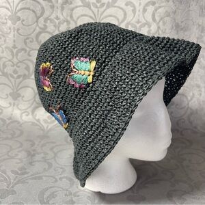 Scala Gal Charcoal Gray Paper Straw Crochet Embroidered Butterfly Bucket Hat